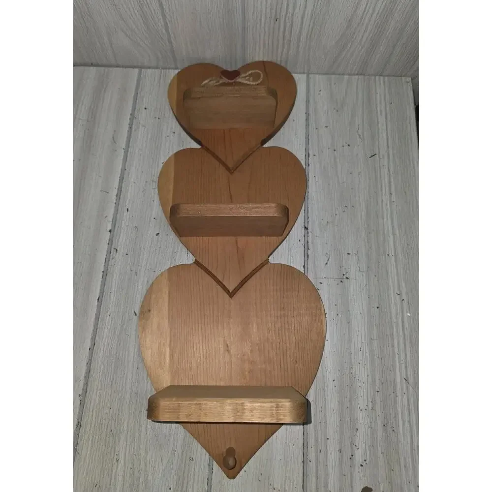 Vintage Wooden 3 Heart Shelf One Hook 21” x 8.5
